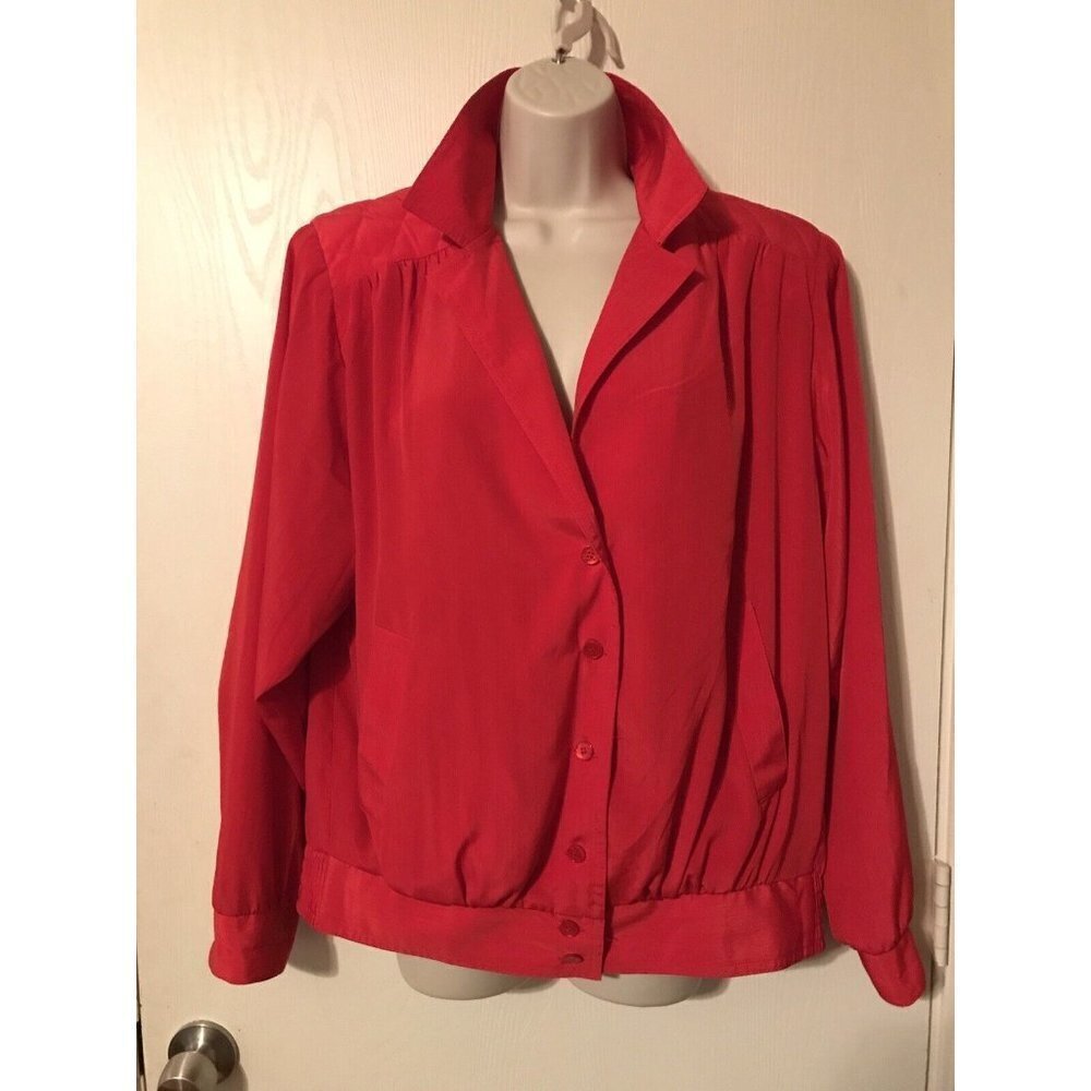 Three Flaggs Blouse Jacket Vintage Cherry Red Button Front Size M Shoulder Pads